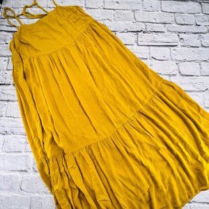 Loft Beach Dress‎ Small Mustard Yellow Open Back Tie Neck Strappy Tiered Midi